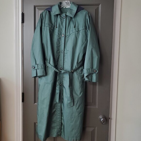 Vintage 80s Current Seen Womens 9/10 Green Long Trench Jacket Coat Rain READ - Picture 16 of 16